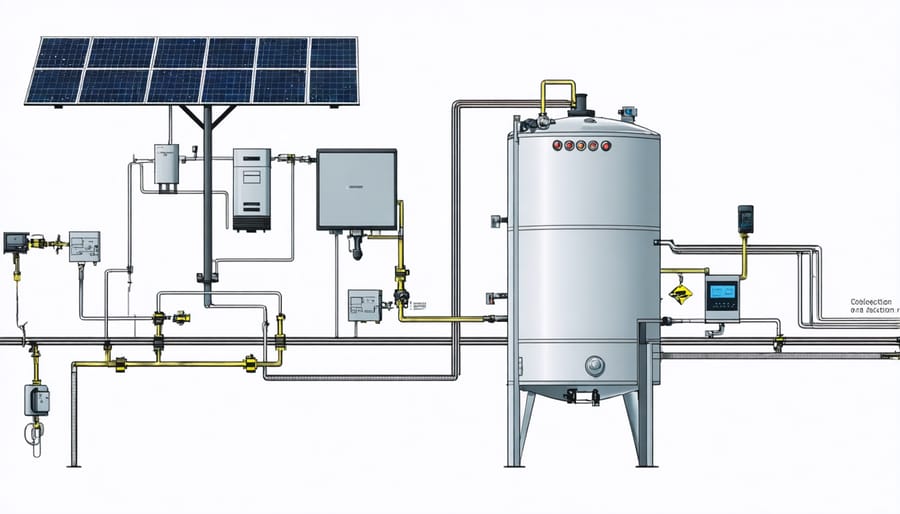 Technical illustration of thermal solar system components and their connections