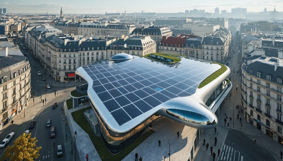 Aerial view of futuristic European city with innovative solar panel installations on rooftops and integrated smart city infrastructure, showcasing energy efficiency and urban sustainability.