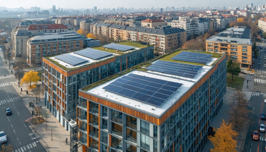 Bird's eye view of urban solar panel installations across multiple building rooftops with visible smart city connections