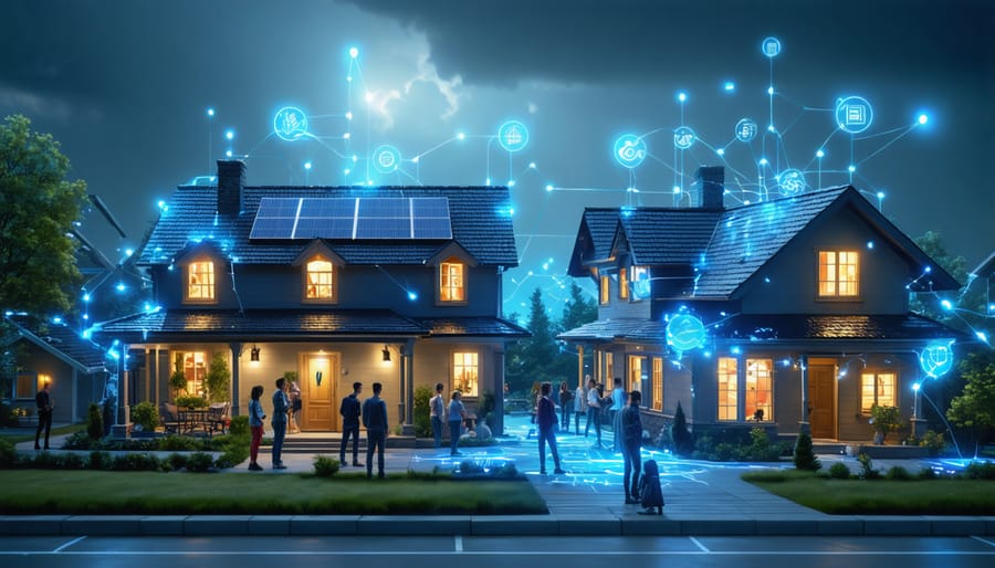 Futuristic suburban neighborhood with homes powered by solar panels and smart energy lines, representing the U.S. solar battery revolution and energy independence in American homes.